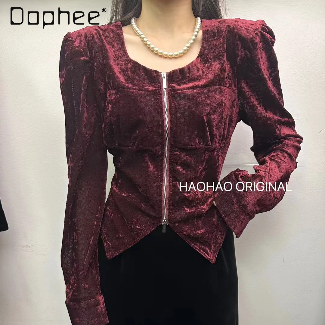 

Retro Square Collar Velvet Blouse Zipper Long Sleeve Shirts Bottoming Shirt Tops Elegant Vintage Wine Red Black Blusas Commute