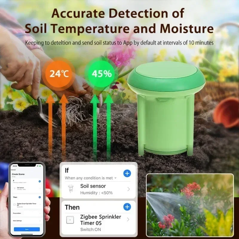 

Tuya APP Smart Soil Sensor Planting Temperature and Humidity Meter for ZigBee IP66 Wireless Soil Tester turf Gardening