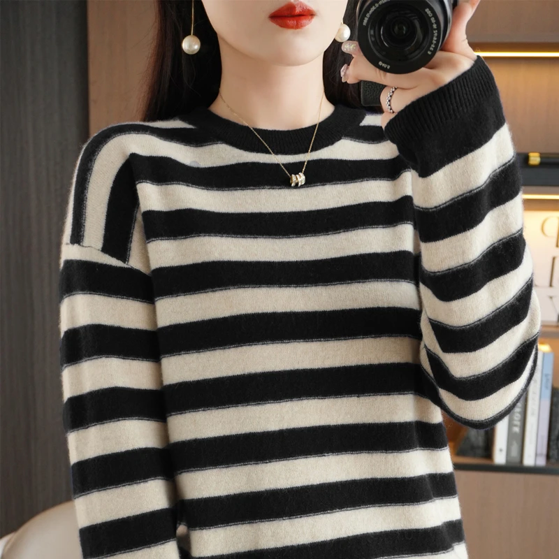 Cashmere sweater women 2024 autumn and winter new cashmere sweater women O-Neck pullover fashion Striped long sleeve pullover