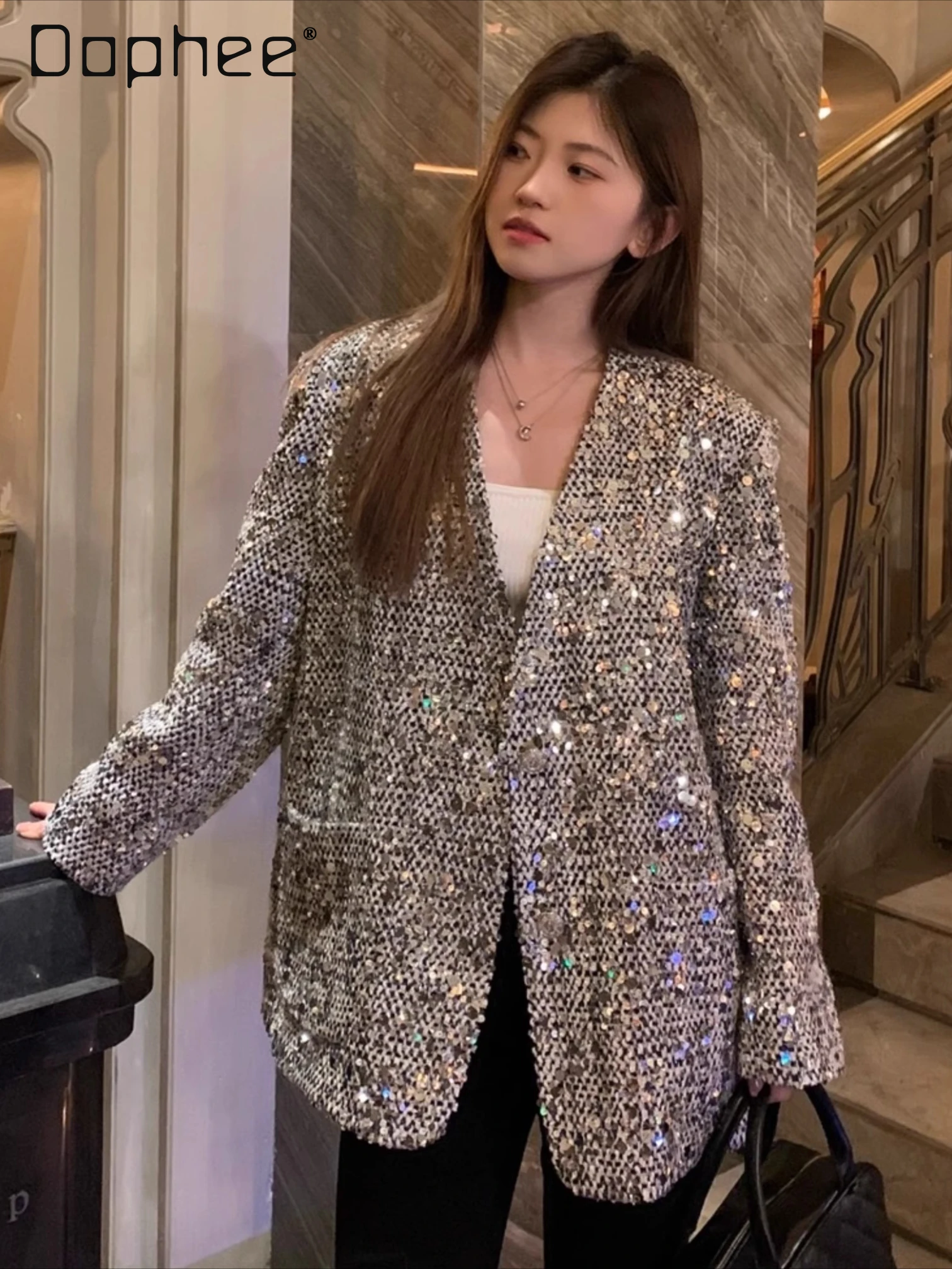 

High End V-neck Silver Sequined Slim Jacket Suit Women Fashion Heavy Industry Temperament Socialite Long-sleeved Loose Blazers