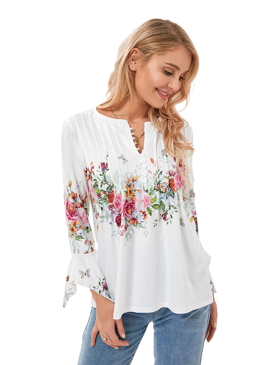 Women s Spring Floral Print Tunic Tops 3 4 Sleeve Front Button V-Neck Dressy Casual Elegant Loose Blouse Trendy