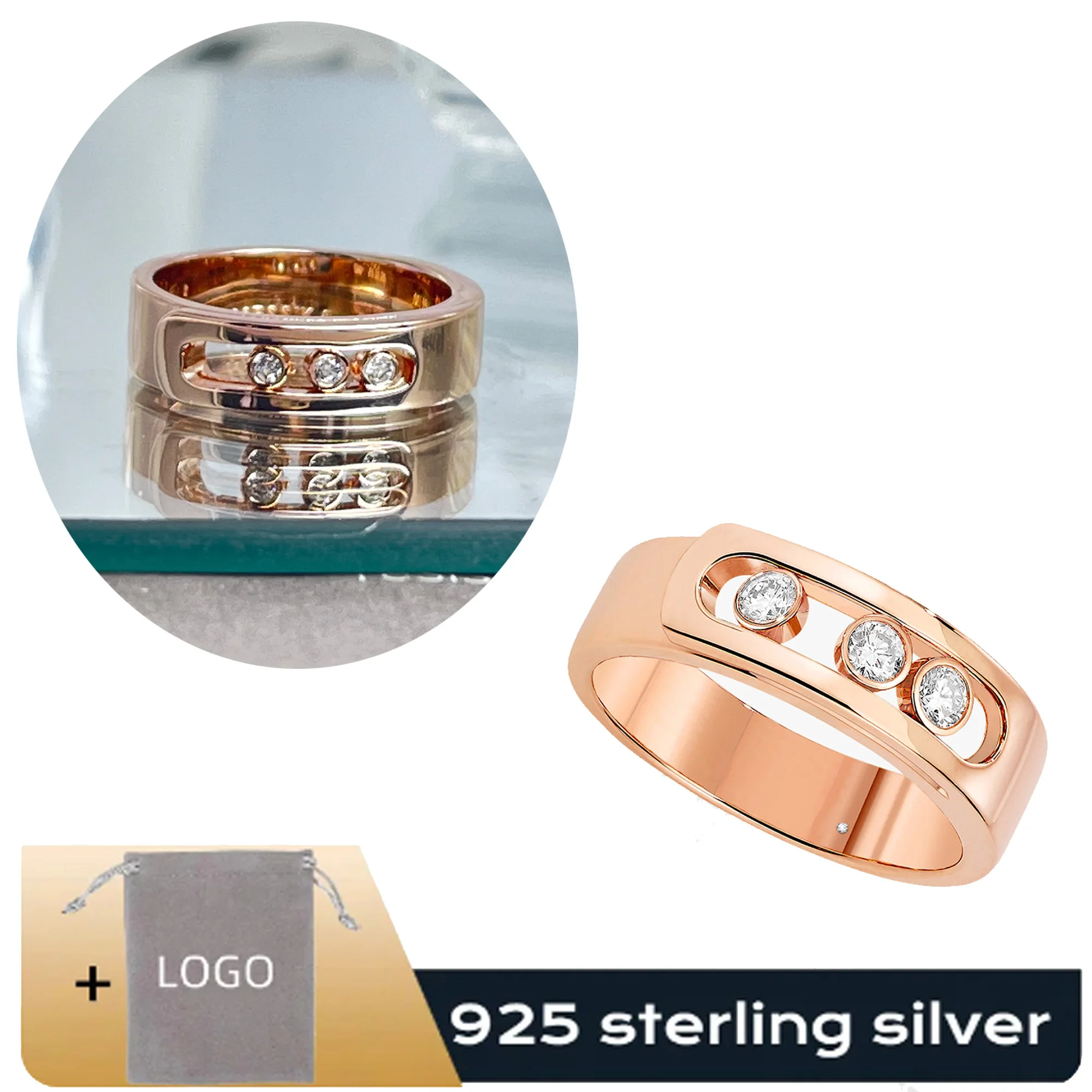 

2024 New Sterling Silver s925 Three Diamond Sliding Diamond Smooth Surface Simple and Advanced Personalized Trendy Women's Ring