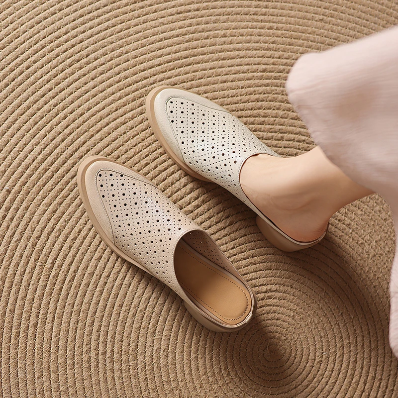 2026 new summer women sandals natural leather plus size 22-26cm sheepskin+pigskin+cowhide hollow mules women shoes slippers