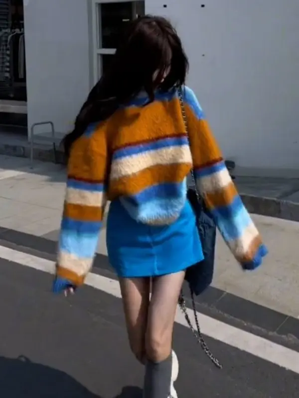 

Dopne Stripe Color Blo Long Sve round Ne Sweater Women Winter Casual Loose Slimming Versatile Top Knitted Loose Fit