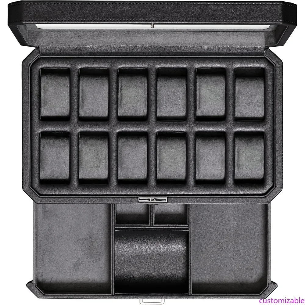 

Luxury 12-Compartment Leather Watch Box with Valet Drawer - Men's Watch and Jewelry Display Organizer with Microsuede Lining