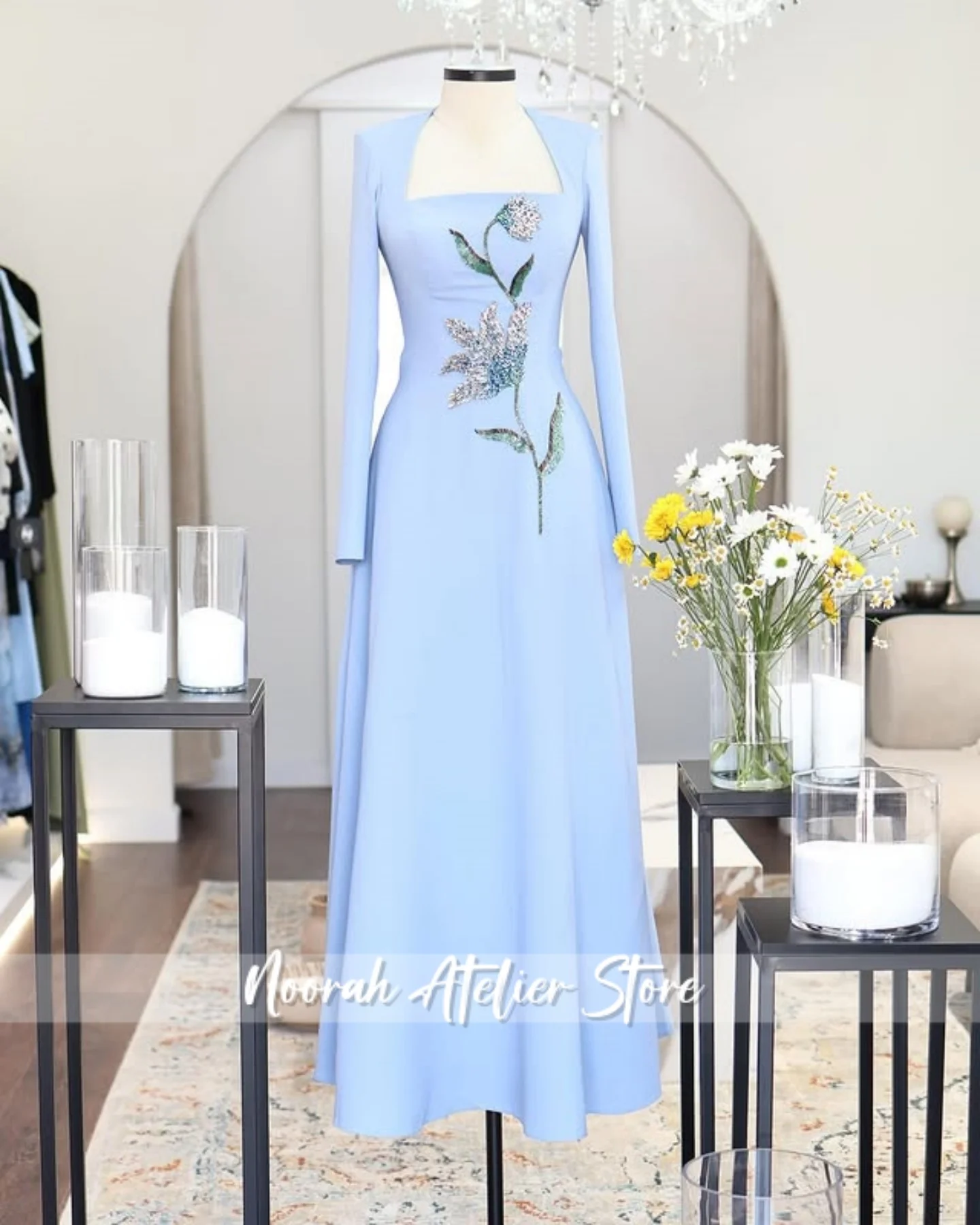 Neue Sky Blue Quadrat Kragen Luxuriöse Hohe Qualität Frauen Abendkleid 2025, Applikationen Hochzeit Party Langes Kleid Vestidos Angepasst