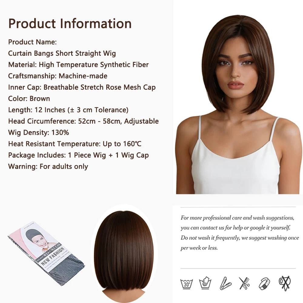 Medium Brown Bob Wig 12 Inch Side Part Straight Heat Resistant Synthetic Natural Hairline Adjustable Cap Daily Wear Fits All
