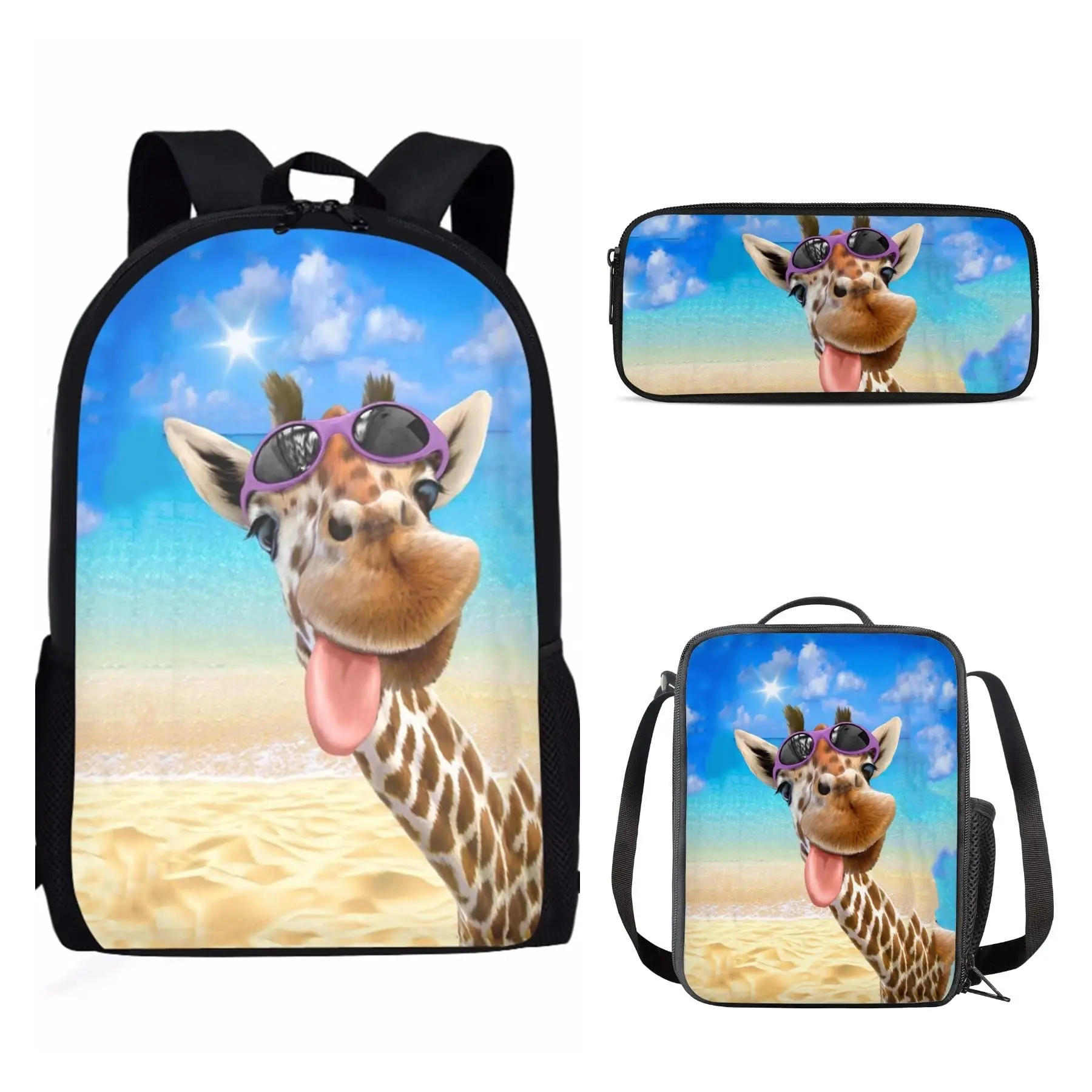 Smiley Cute Giraffe School Bag Set with Thermal Insulated Lunch Box Pencil Case for Boys Girls,beach Print Teens Daily Backpack