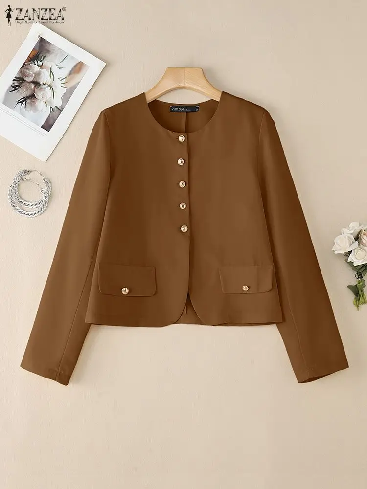 

ZANZEA женский элегантный пиджак 2024, осенний офисный женский однотонный легкий пиджак с круглым вырезом и длинными рукавами, OL, рабочая одежда, S-3XL