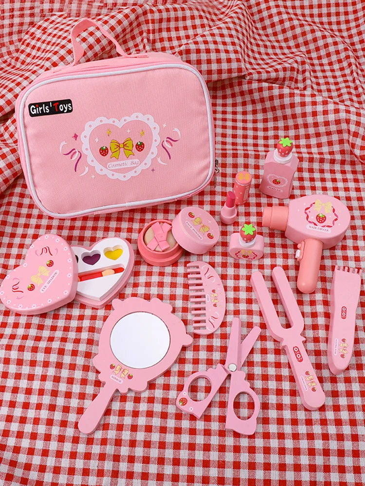 

Children Pretend Play Pink Makeup Bag Wooden Play House Toys Simulation Girl Make Up Set Dressing Table Cosmetics Toys Gift