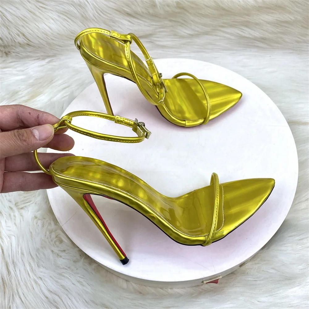 

12cm High Heels Sandals,Ankle Strap Summer Shoes,Open Pointy Toe,Night Club Faves,Gold,Purple Patent Leather,Size 33-46,Dropship