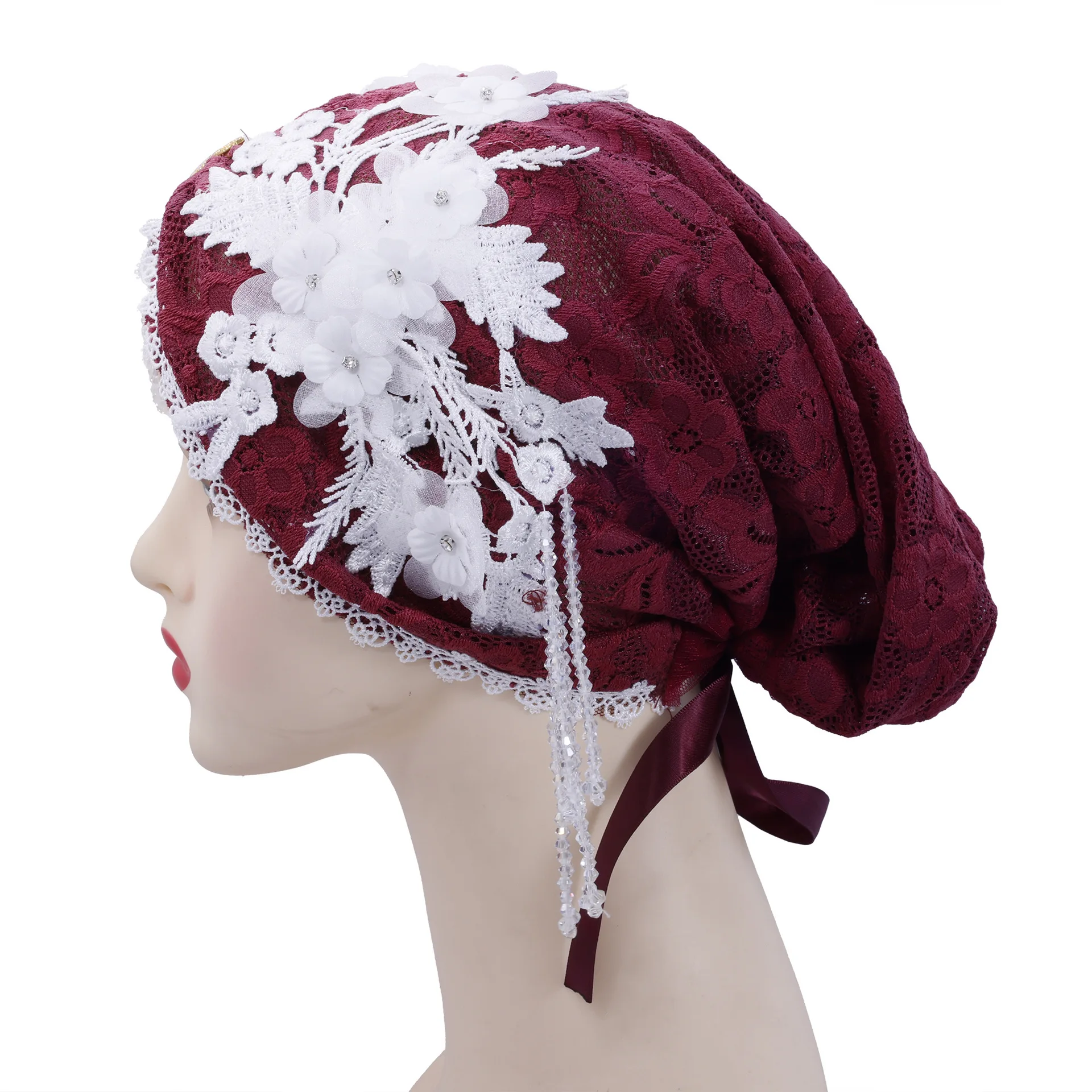 Di lusso Del Merletto Del Ricamo Cofano Turbante Nappa Bead Cappello Delle Donne Musulmane Hijab Berretti Islam Berretto Da Sposa Foulard Del Partito Turbante Mujer