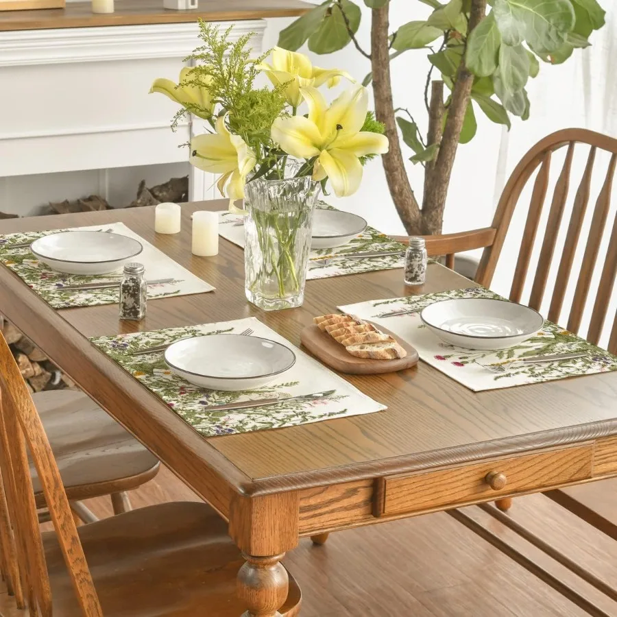 مجموعة مفارش صيفية من الأعشاب والزهور البرية العتيقة مكونة من 4 مفارش طاولة ربيعية على شكل زهرة برية موسمية مقاس 12 × 18 بوصة لمطبخ الحفلات Din