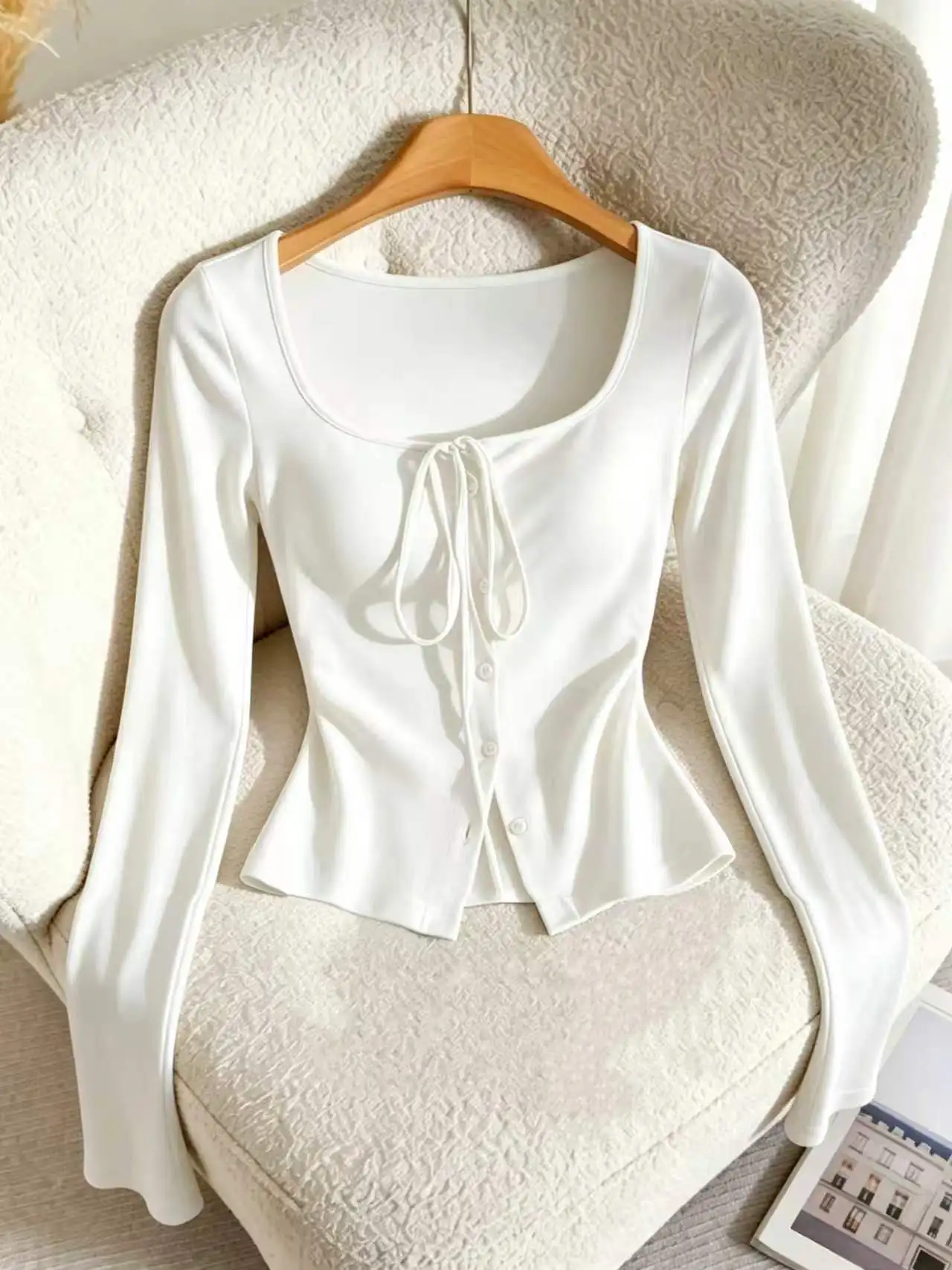 Women Square Neck Tie Front Button Down Peplum Hem Flare Long Sleeve Top Slim Fit Y2K Sexy Christmas Holiday Party Casual Blouse