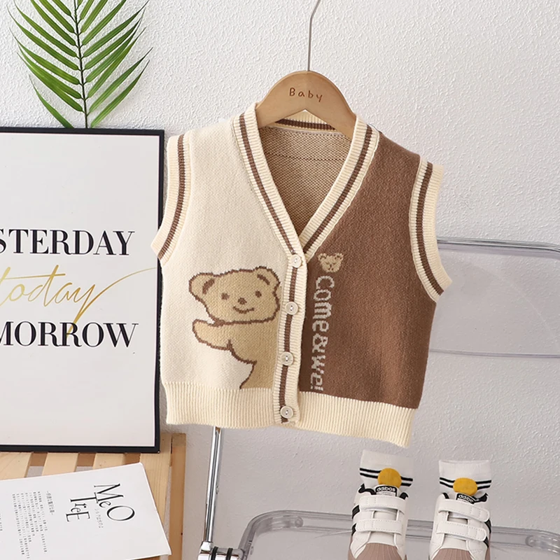 

Toddler Button Down Sweater Vest Sleeveless V Neck Bear Print Pullovers Knitted Tank Tops