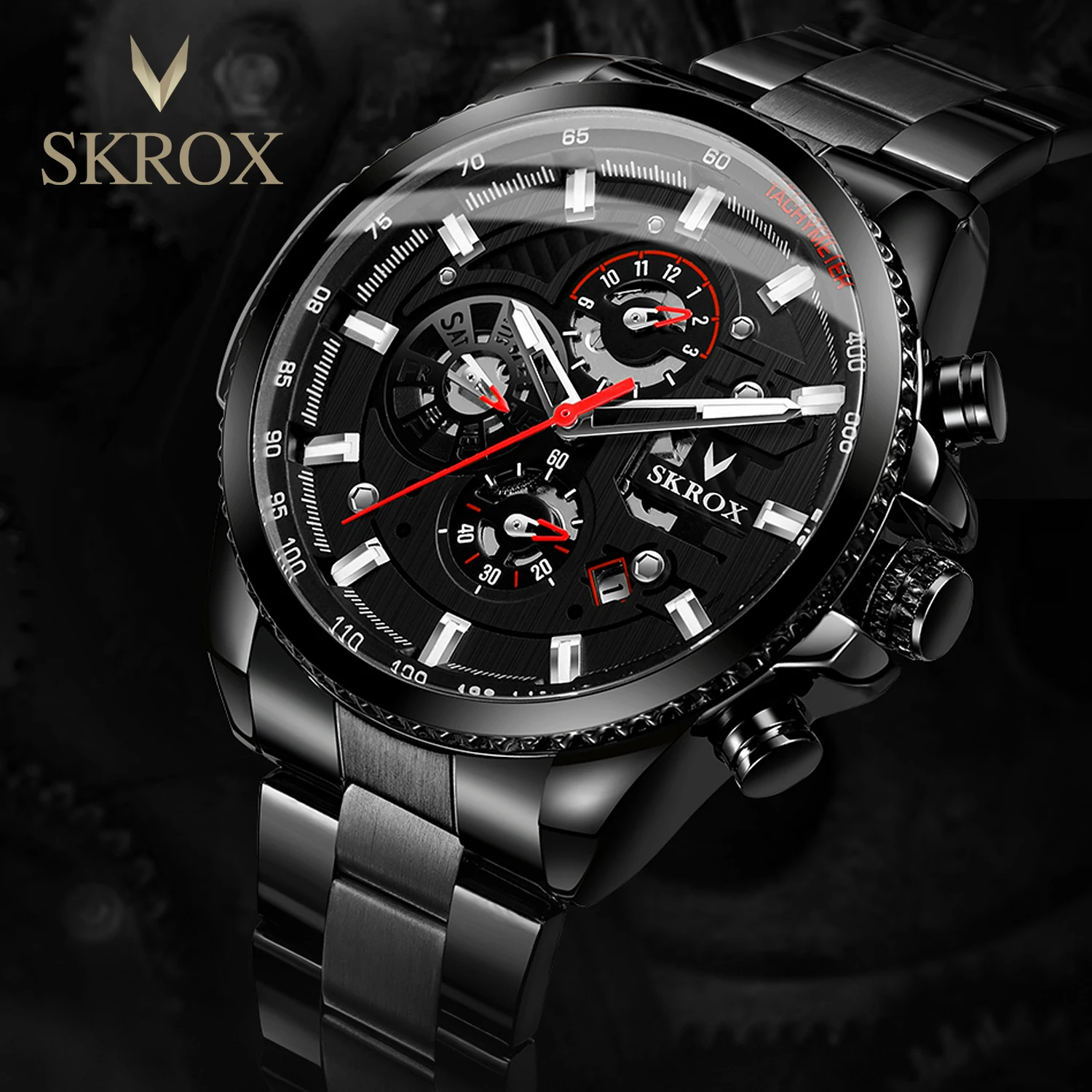 SKROX Sports Chronograph Automatic Movement Man Watch Stainless Steel Mechanical High-end Luxury Military Men's Wrist Watches