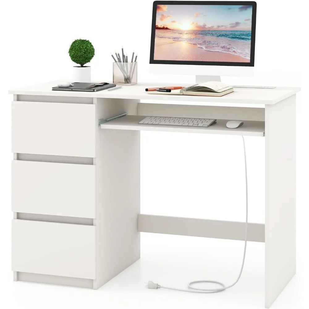 

White Desk with 3 Storage Drawers & Built-in Charging Station, Home Office Desk with Keyboard Tray, PC Desk Study Writi