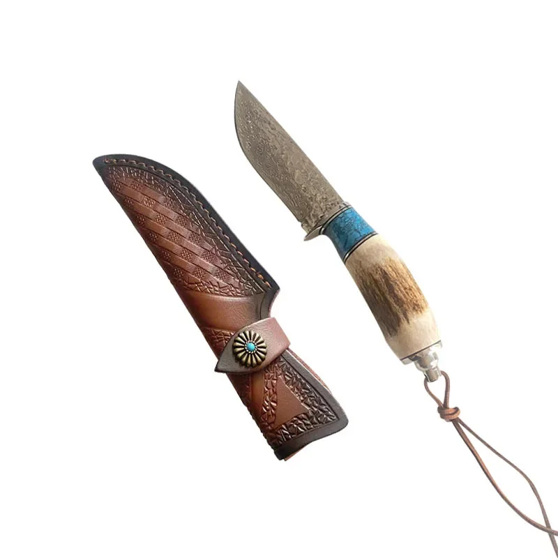 

Handmade Damascus Steel Fixed Blade Knife Deer Horn Turquoise Handle Outdoor Camping Survival Hunting Knife With Leather Case