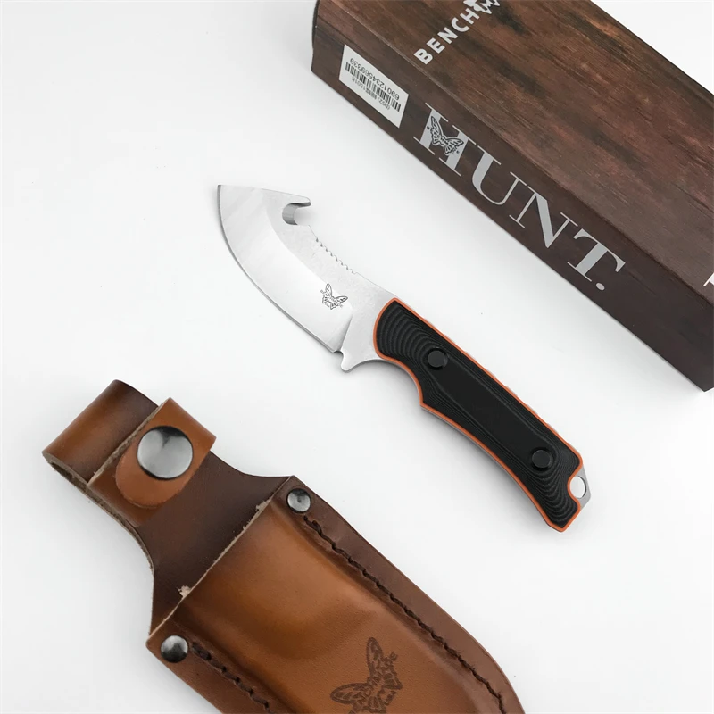 Cowhide Sheath Fixed Knife BM15018 Hunter G10 Handle 9Cr13Mov Blade Knife Camping Tang Hunting Knife