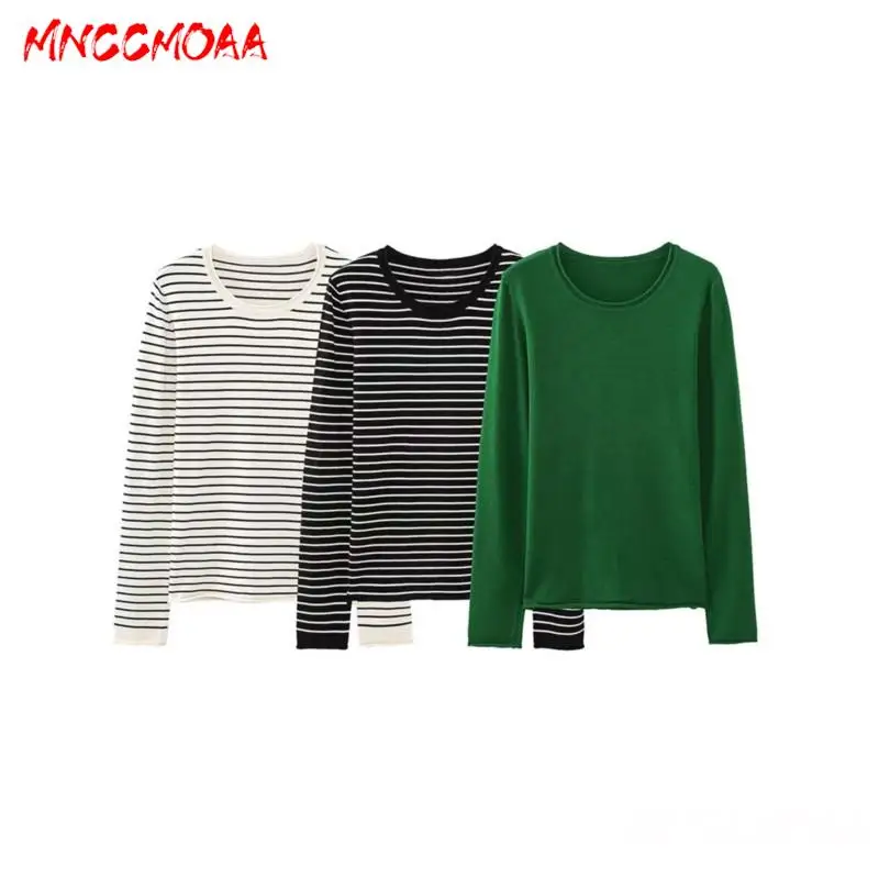 MNCCMOAA-Women's Round Neck Striped Knitted Sweater, Long Sleeve Top, Casual Pullovers, Loose, Fashion, Autumn, Winter, 2024