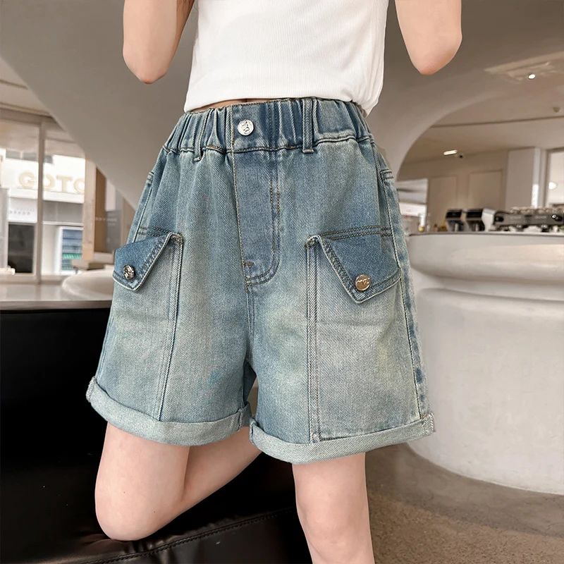 Faded, Slightly Stretchy, Loose-Fitting, Fashionable Girls' Denim Shorts with Faux Flap Pockets