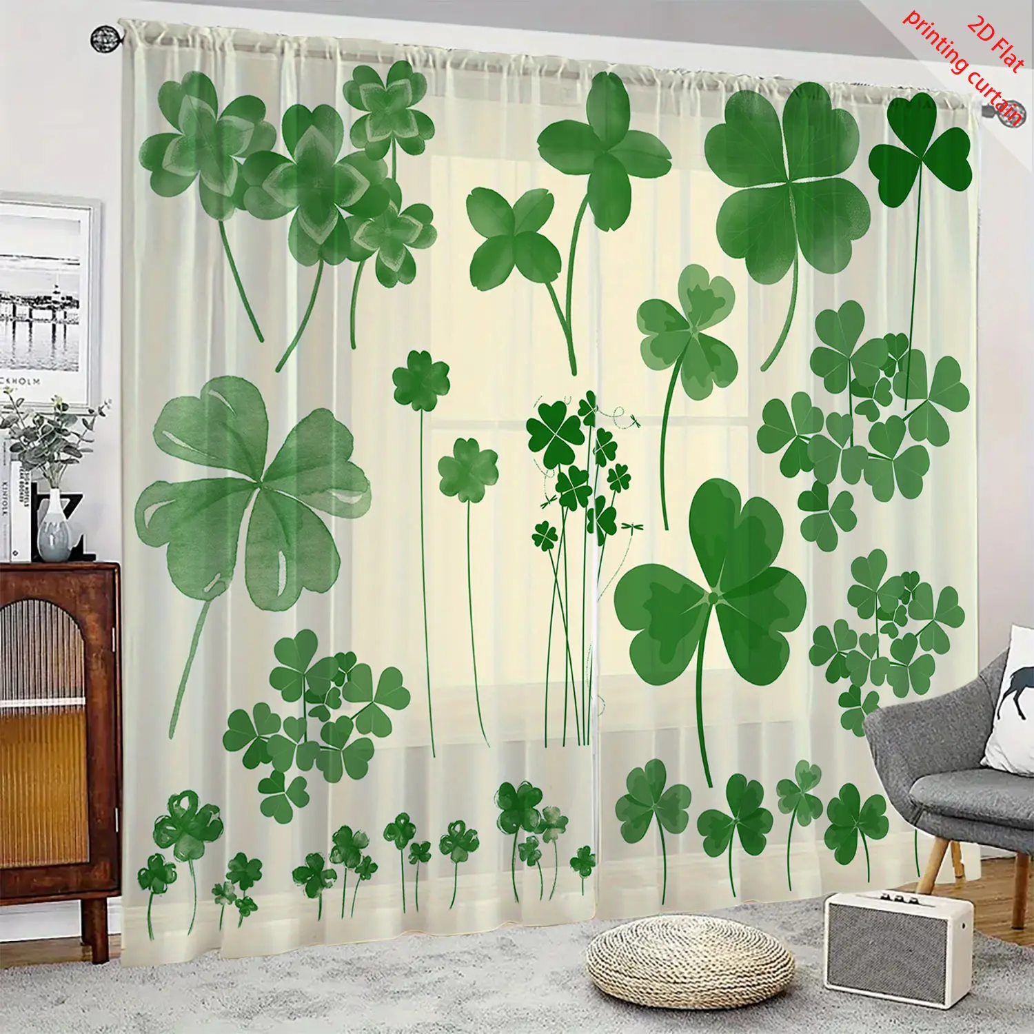 Leaf plant printed transparent gauze curtain, used for bedroom, living room, balcony windows, hippie home art decoration