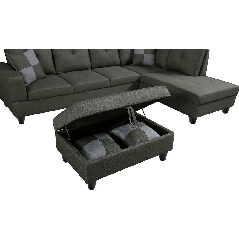 Modern 103" Sectional Sofa for Lving Room Couch Set with 3-Seat and Right Chaise Longue w/ 2 Pillows Storage Ottoman for