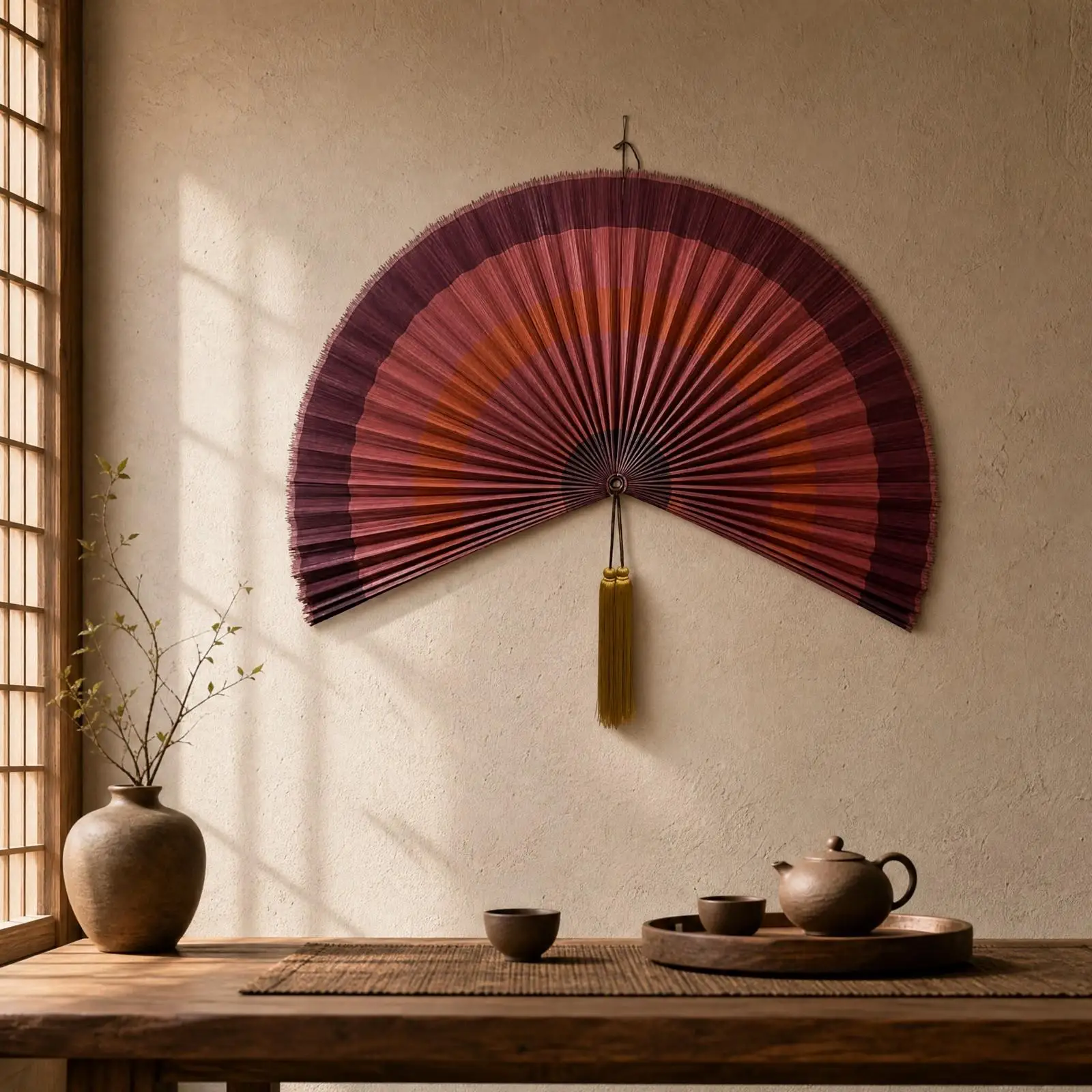Bamboo Decorative Hanging Fan with Loop and Tassel for Cultural Wall Art Home Entryway