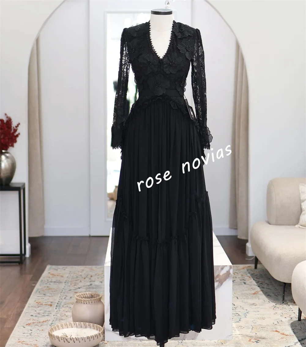 Abiti lunghi neri a trapezio con scollo a V con applicazioni in chiffon personalizzate Occasioni su misura Serata da donna Elegante festa Matrimonio Chic