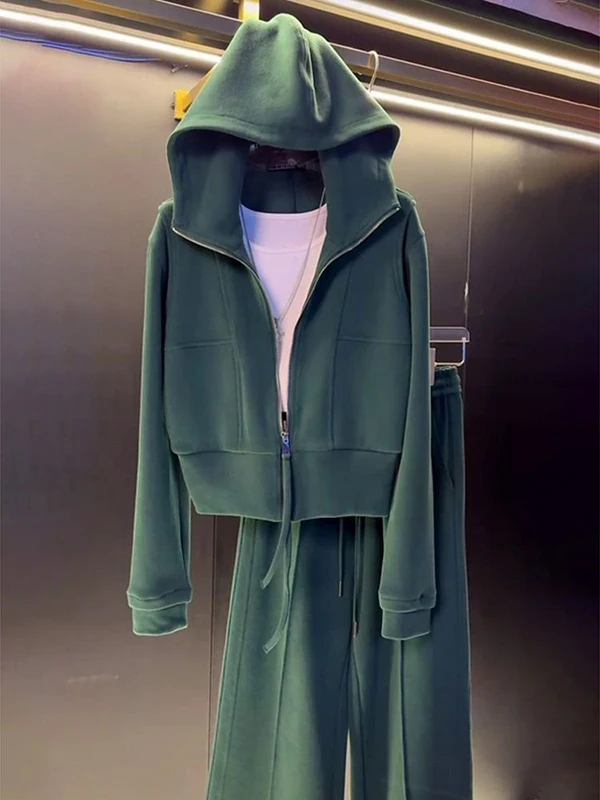 

Женский повседневный комплект спортивной одежды больших размеров 300, кардиган с капюшоном, костюм из двух предметов, осень-зима, новинка, простой, с высокой талией