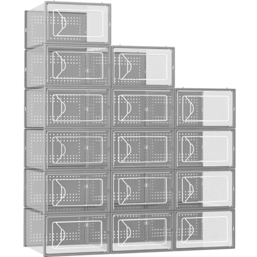 

15 Pack Clear Plastic Stackable Shoe Storage Boxes for Closet Organization Interlocking Design Shoe Container Bins with Lids fo