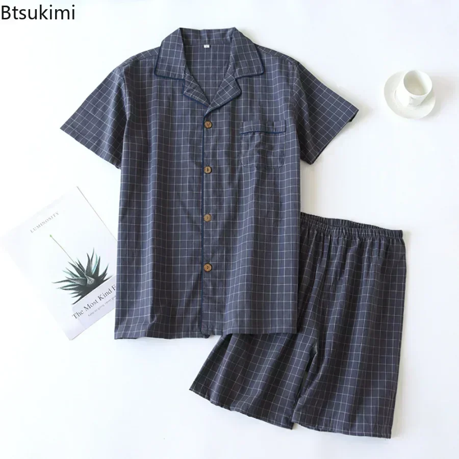 2025 Men's Summer Pajamas Sets Thin Short Sleeved Shirt and Shorts Soft Plaid Cotton Simple Japanese Home Service Suit Sets Male