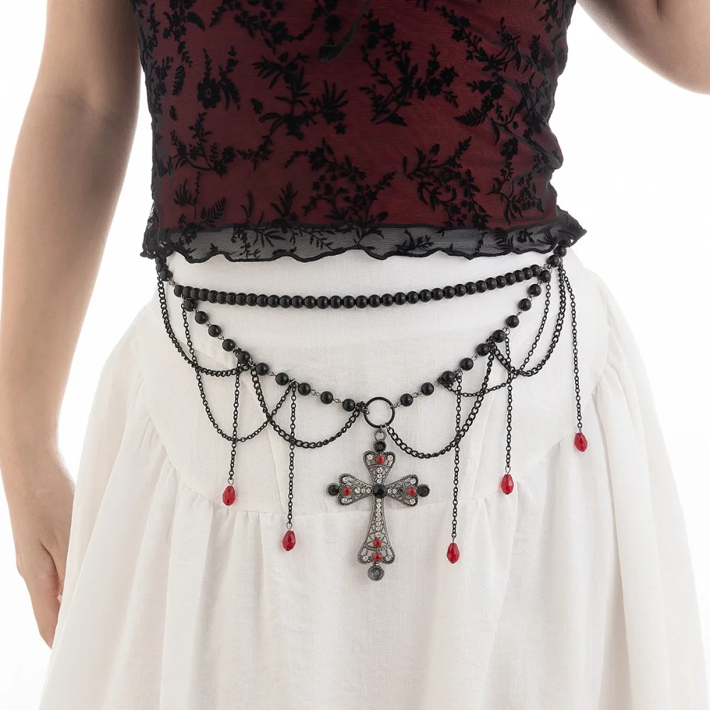 

Alloy Cross Black Chain Belt Acrylic Beads Adjustable Y2K Silver Waist Chain Gothicism Exaggerated Crystal Tassel Waistband
