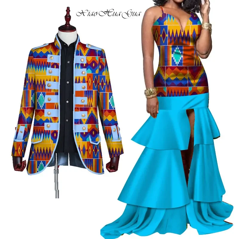 New Couples African Clothing African Print Women Mermaid Dresses and Men Blazer Coats Plus Size Wedding Party Dress WYQ277