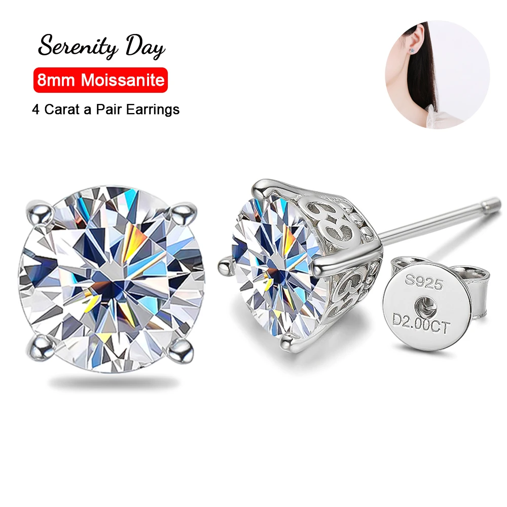 

Serenity Day Four Claw D Color 8mm 4 Carat a Pair Moissanite Earrings For Women 100% S925 Sterling Silver Stud Ear Fine Jewelry