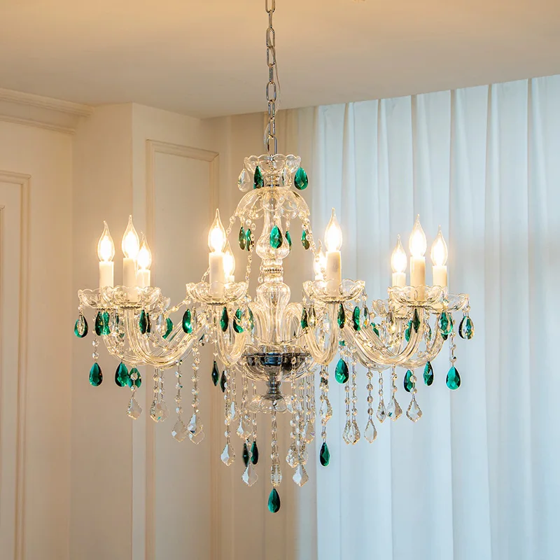 

French Green Crystal Candle Chandeliers Luxury Lustre Glass Living Dining Room Art Decor Pendant Lights Bedroom Lamps Fixtures