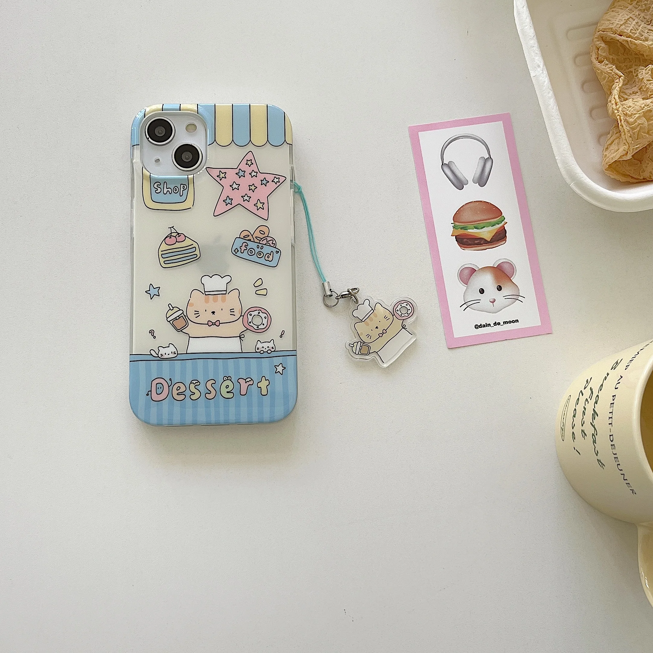 Cartoon Lovely Cat Dessert Shop Pendant Dual-layer Cute Case for iPhone 15 14 13 Pro Max Back Phone Cover for 12 11 Pro Max