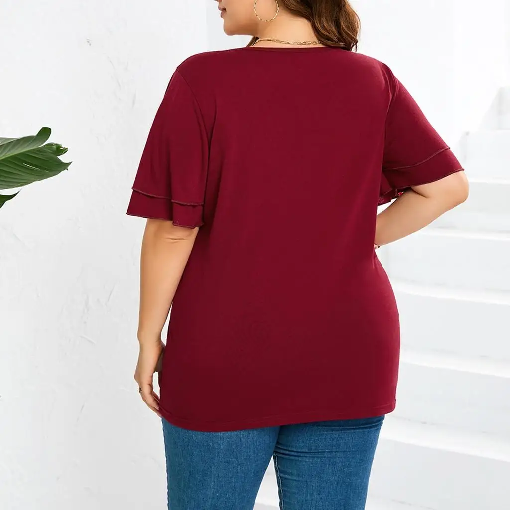 Plus Size Women's Elegant V Neck Blouse, XL-5XL Flare Sleeve Lace Trim Casual T Shirt, Burgundy Loose Fit Summer Tops - view 3