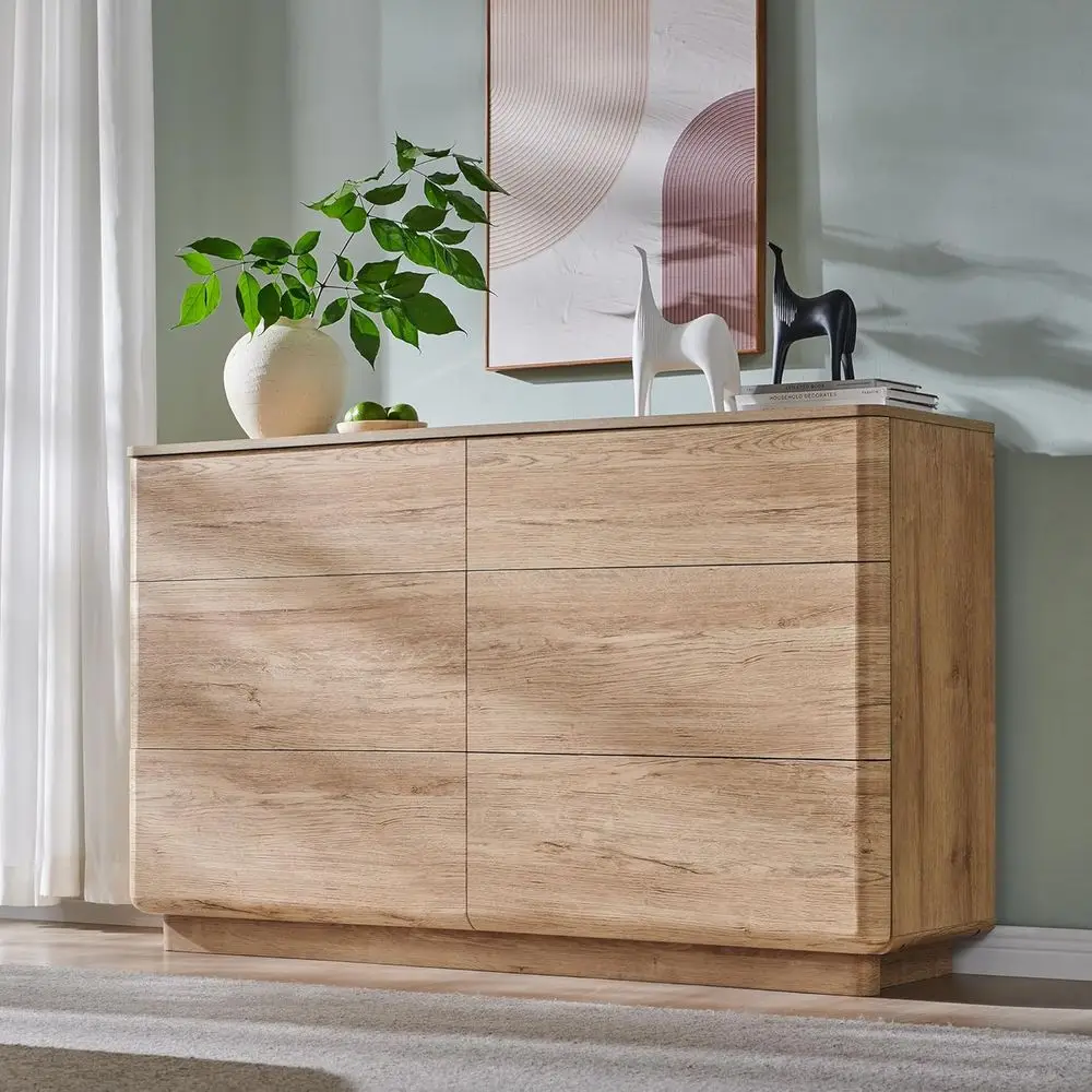 Komoda DAFIFY z 6 szufladami, 132 cm szerokości, drewniana szafka do przechowywania, komoda bez uchwytów do salonu i przedpokoju, zakrzywiony kształt, naturalny dąb