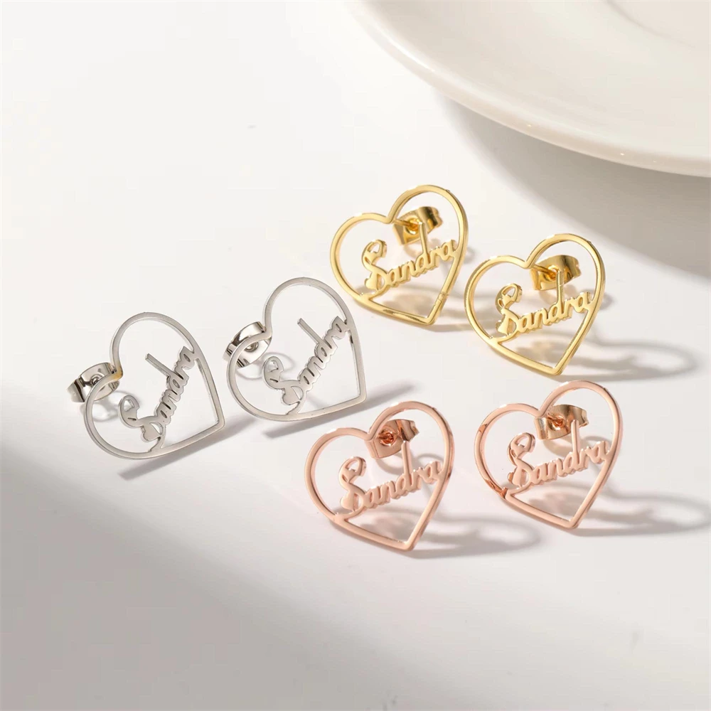 

Custom Personalized Heart Stud Earrings For Woman 2025 Gold Plated Stainless Steel Jewelry Fashion Boucles D'oreilles Femme