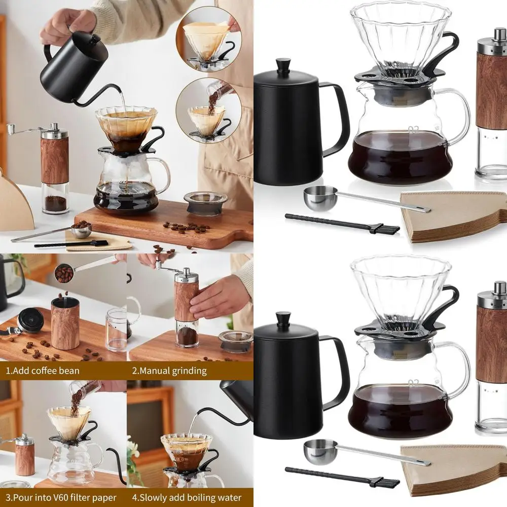 

Portable 6-Piece Coffee Brewing Kit: Maker, Grinder, Kettle, Filters, and Spoon for Home or Travel