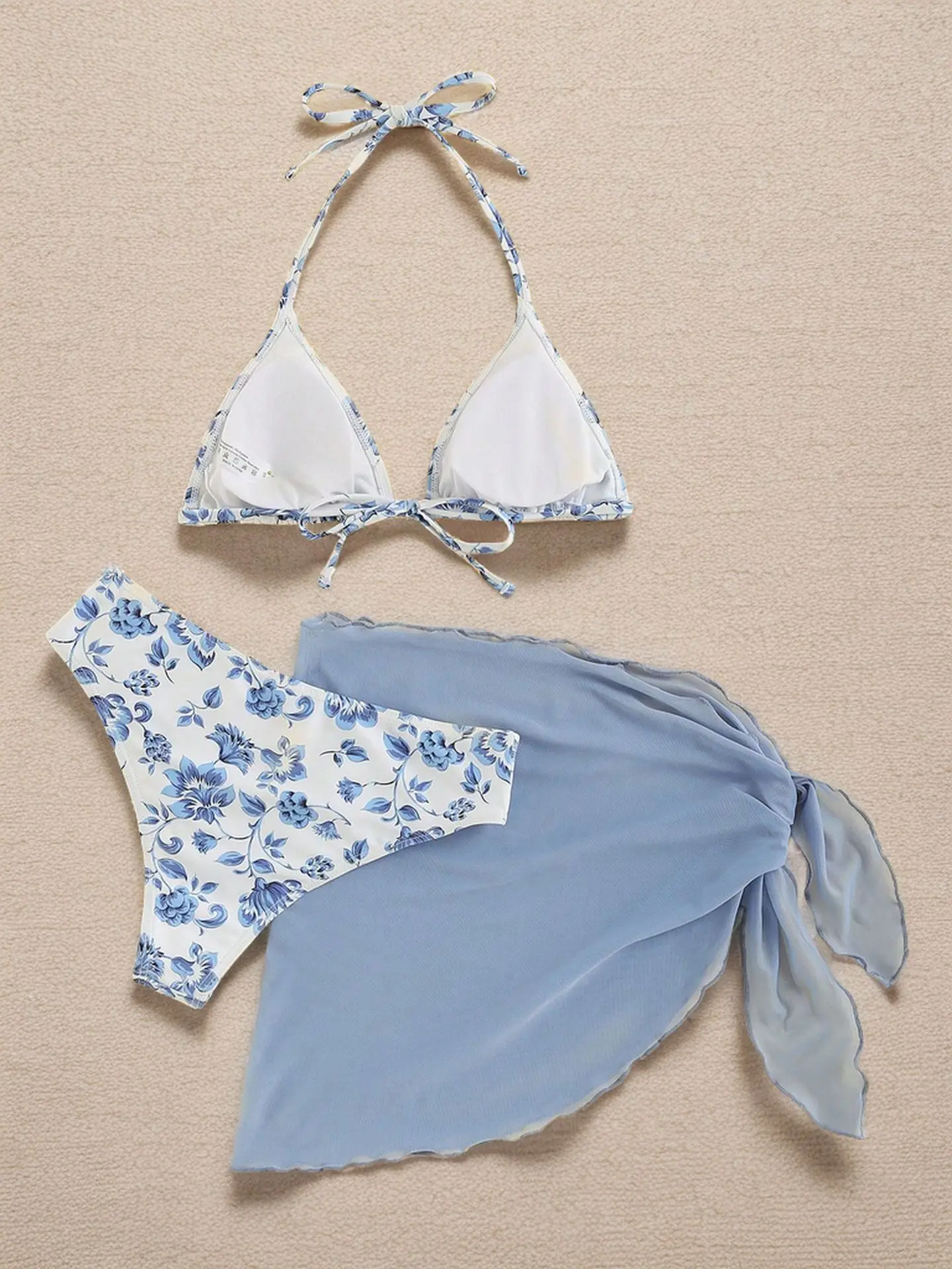 

Swim Mod женский летний пляжный комплект бикини с цветочным принтом и завязкой на шее, комплект с прикрытой юбкой, купальные костюмы из трех предметов