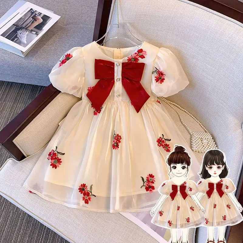 

Girls Dress Humor Bear Girls' Clothing Puff Sleeves Bow Princess Dress For Girls Children Casual Embroidery Birthday Gift Skirt
