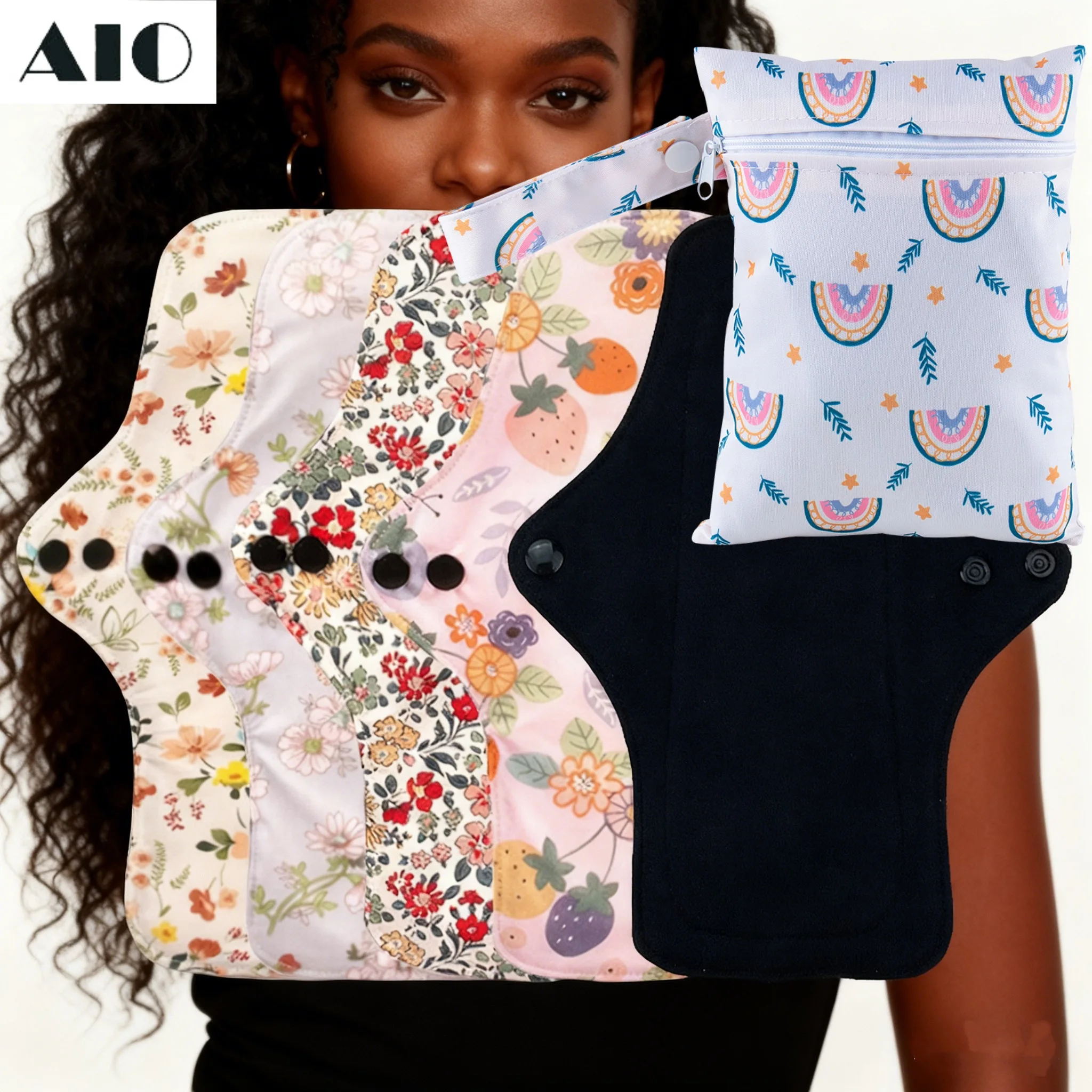 

AIO 3PCs Washable Sanitary Pads Set Black Cotton Pads Reusable Serviette Hygienique Nice Print Women Menstrual Pads Heavy Flow