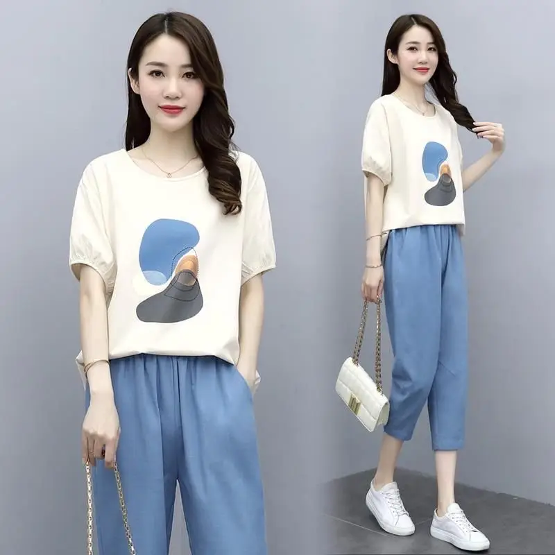 Women's Casual Suit Cotton Tops 2024 Summer New Fashion Sports Slimming T-shirt And Calf-Length Pants 2 Two Piece Set For Women