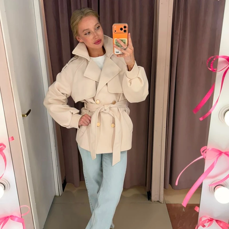Women Short Belted Trench Coat Lapel Double Breasted Long Puff Sleeve Loose Fit Jacket Casual Daily Office Ladies Outerwear