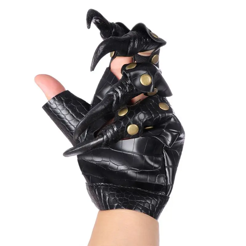 Unisex Gothic Punk Halloween Dragon Claw Gloves Metal Studded Long Finger Nail Faux Leather Mittens Cosplay Costume