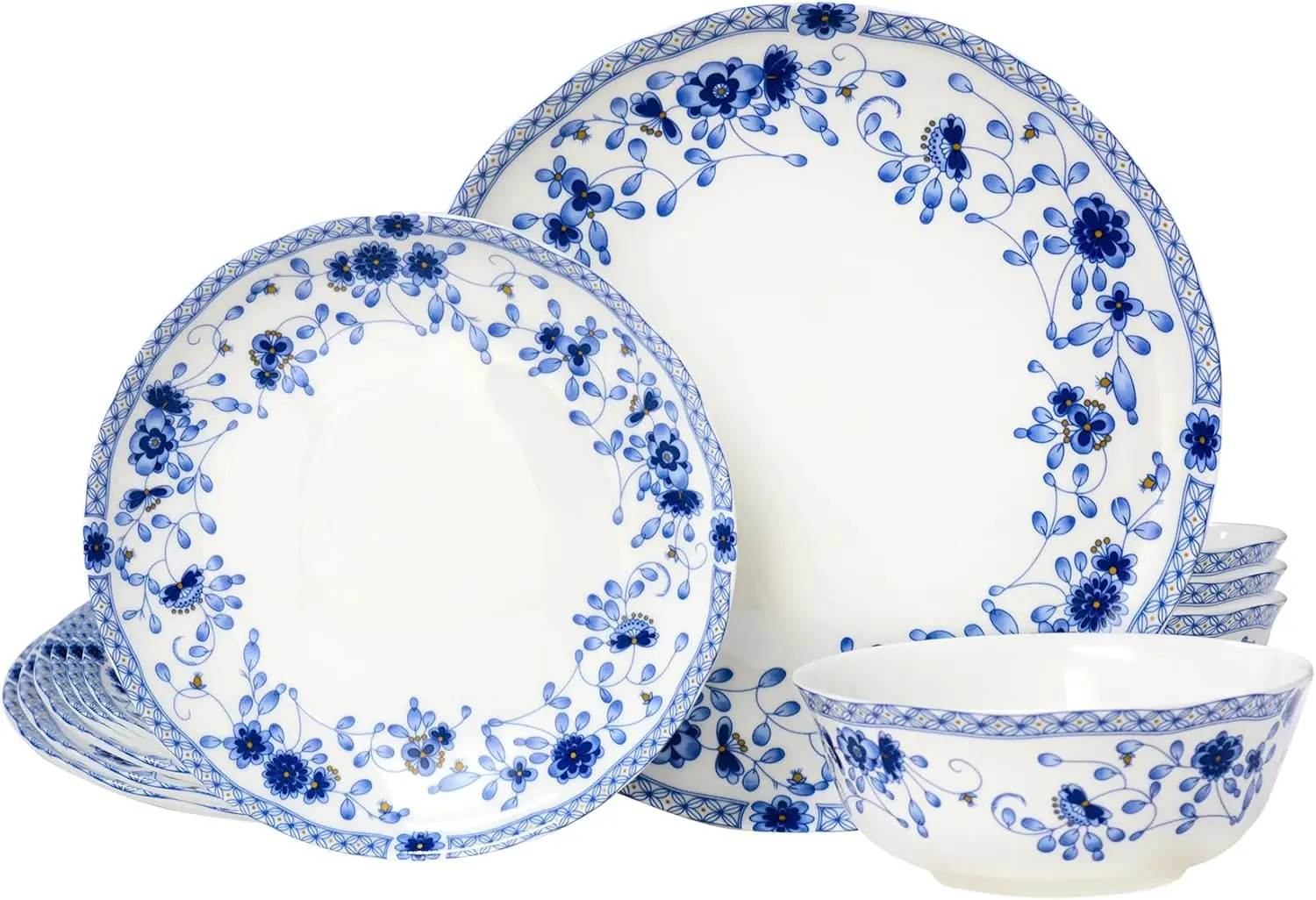 

Fine Bone China Dinnerware Set for 4, 12-Piece Blue and White Porcelain Dinnerware Set (Blue A)