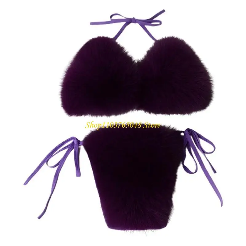 R53E Women Sexy 2pcs Faux Fur Set Halter Swimsuit Color Plush Clubwear