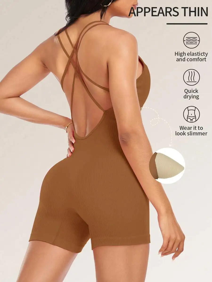 VVX Workout Yoga Romper For Women Tummy Control U Neck Butt Lifting Seamless Sexy Backless Bodycon Bodysuit Short Jumpsuit